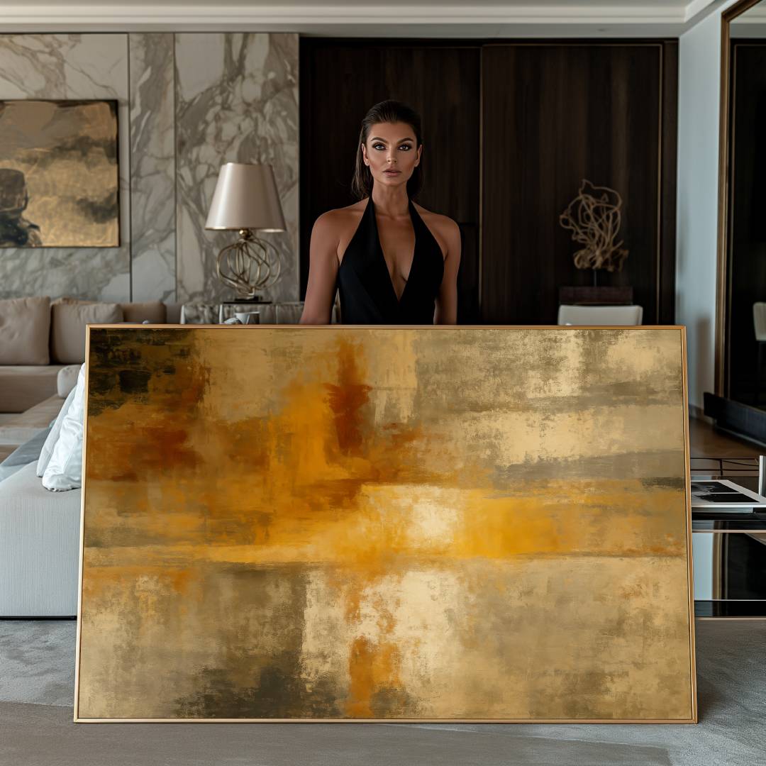 quadro moderno astratto giallo arancio beige riflessi mostrato donna