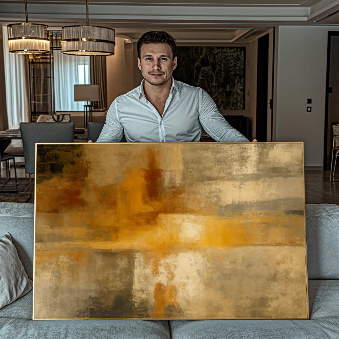 quadro moderno astratto giallo arancio beige riflessi mostrato uomo