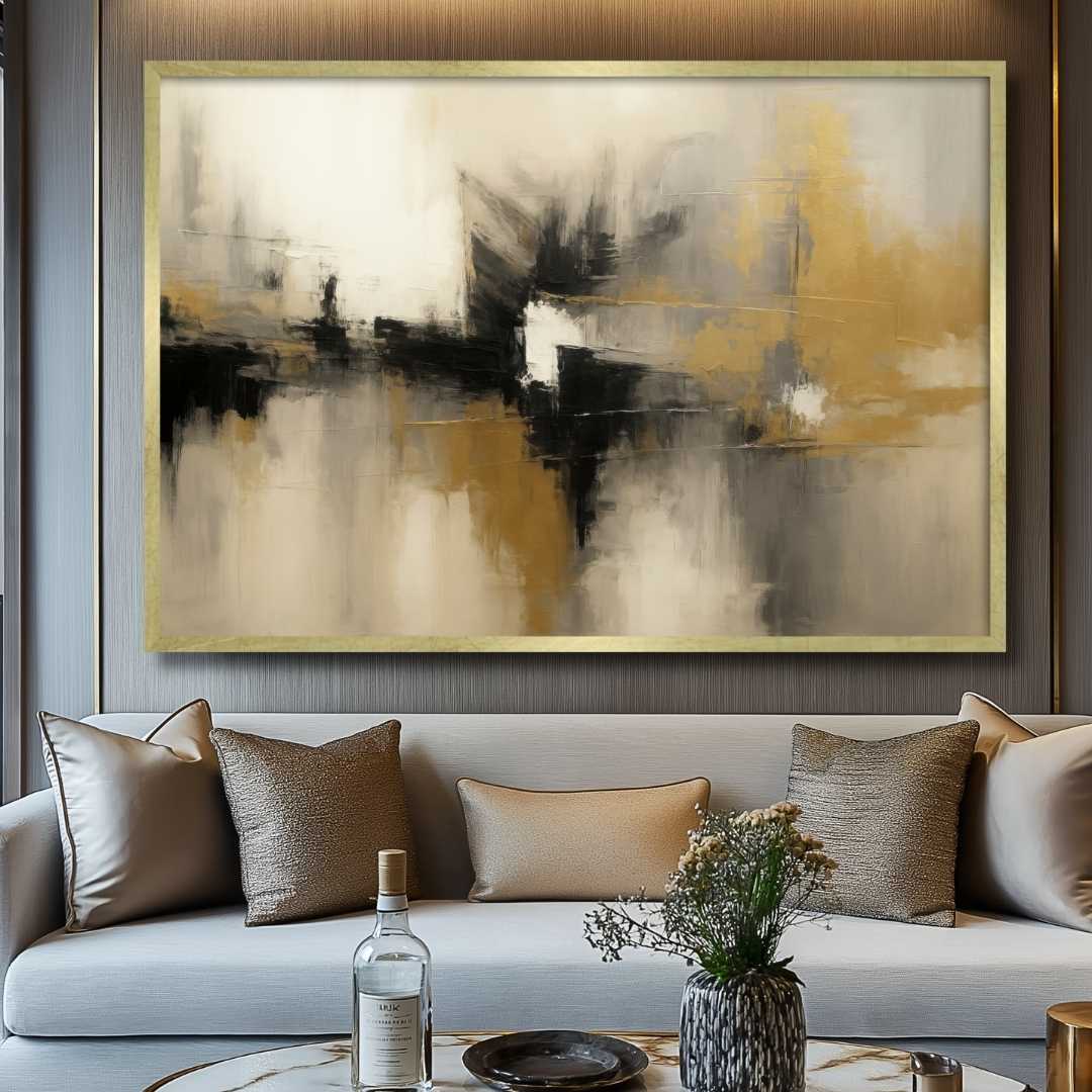 quadro moderno astratto oro nero beige riflessi appeso salotto sopra divano