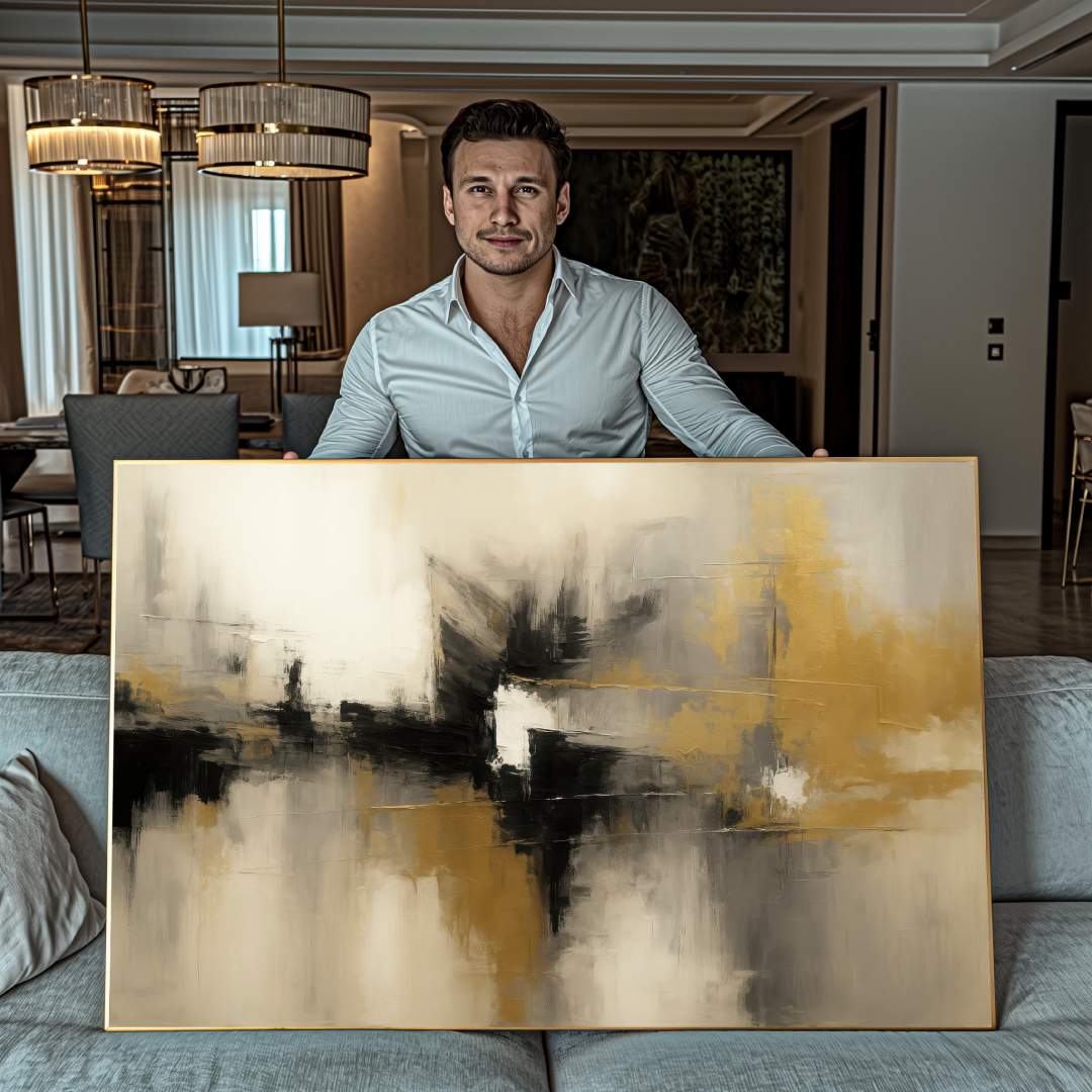 uomo mostra quadro moderno astratto oro nero beige riflessi appeso salotto