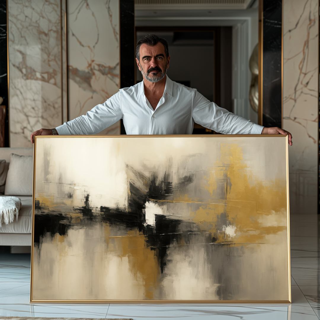 uomo mostra quadro moderno astratto oro nero beige riflessi sala