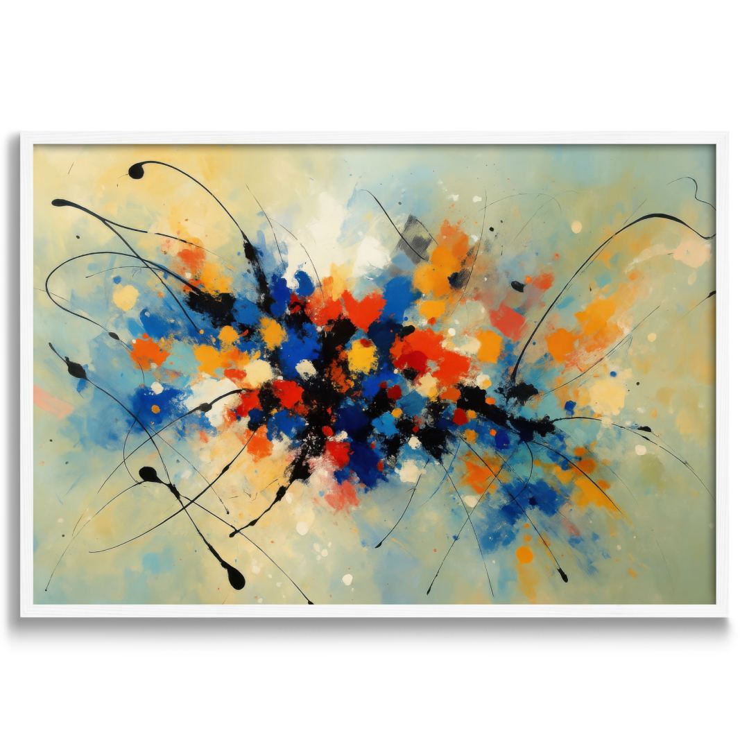 quadro moderno astratto  esplosione di colori armoniosa appesa cornice bianca
