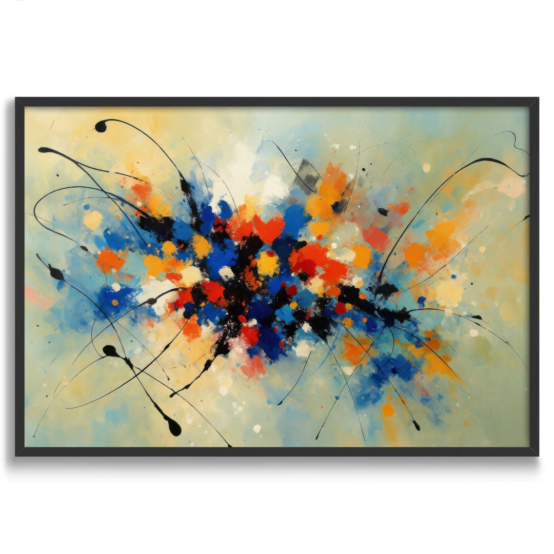 quadro moderno astratto  esplosione di colori armoniosa appesa cornice nera