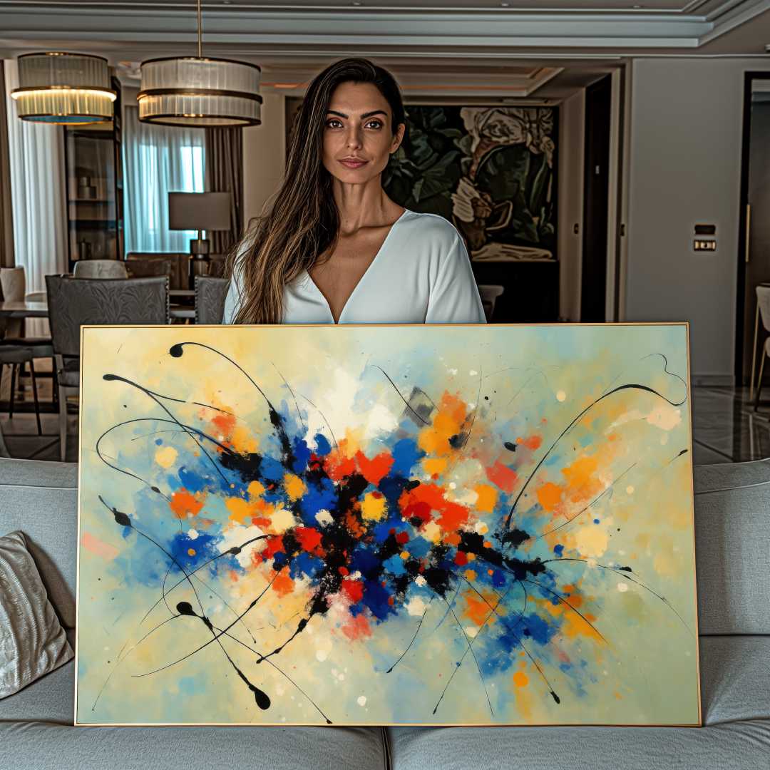 donna mostra quadro moderno astratto  esplosione di colori armoniosa