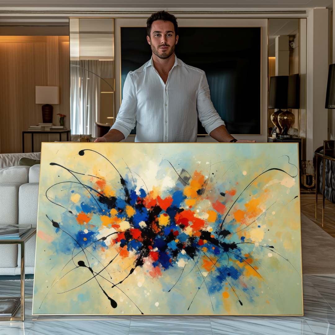 uomo mostra quadro moderno astratto  esplosione di colori armoniosa soggiorno
