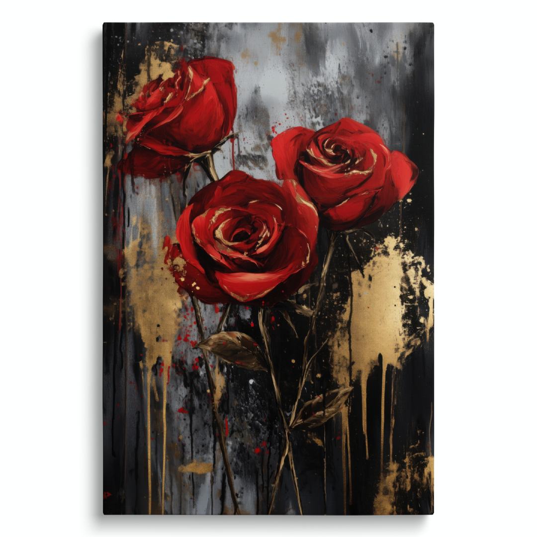  quadro moderno astratto appeso tre rose rosse salotto dettagli oro