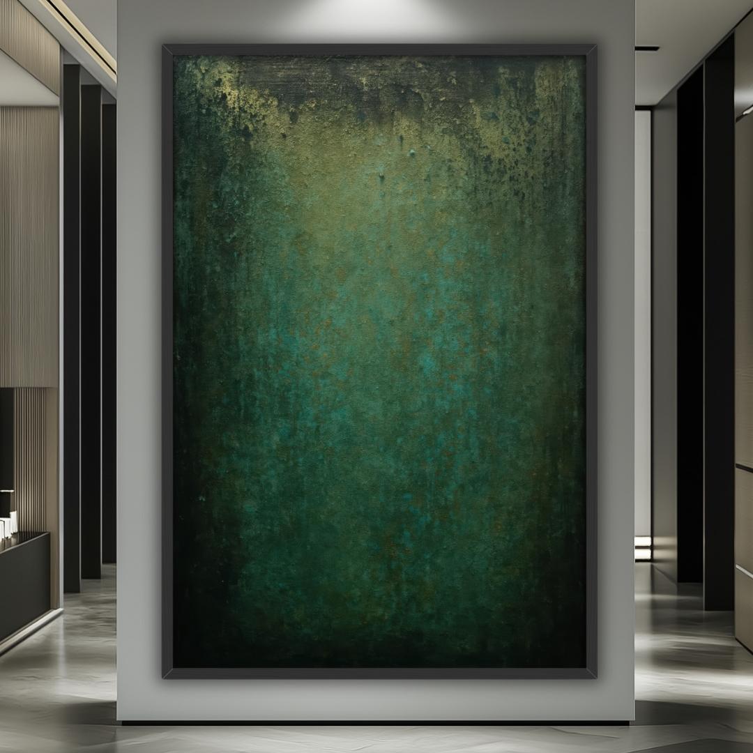 quadro moderno astratto verde riflessi oro neri appeso corridoio