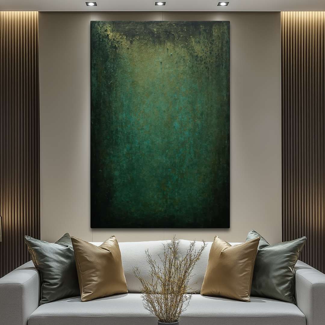 quadro moderno astratto verde riflessi oro neri appeso soggiorno