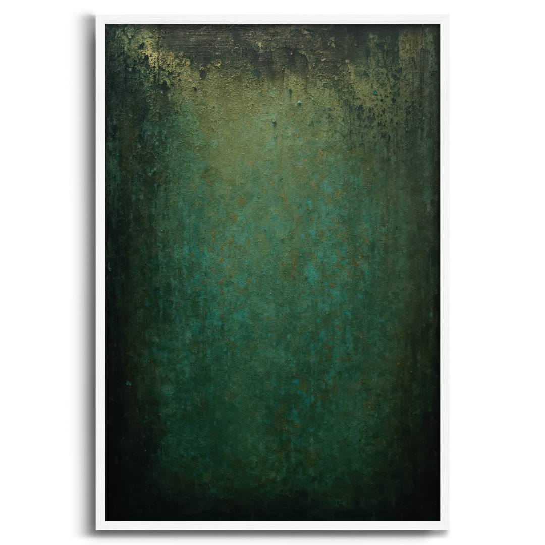 quadro moderno astratto verde riflessi oro neri cornice bianca
