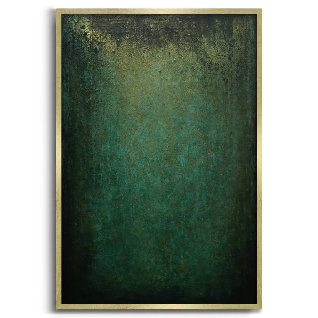 quadro moderno astratto verde riflessi oro neri cornice oro