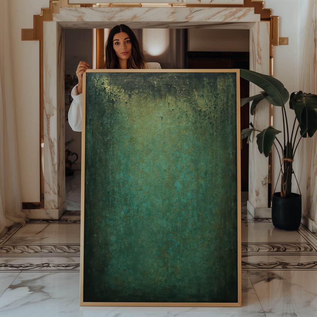 quadro moderno astratto verde riflessi oro neri mostrato donna