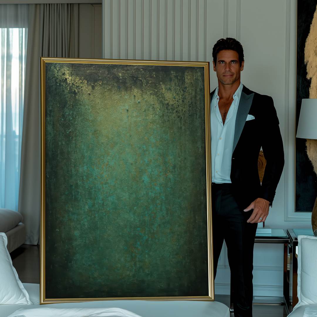 quadro moderno astratto verde riflessi oro neri mostrato uomo