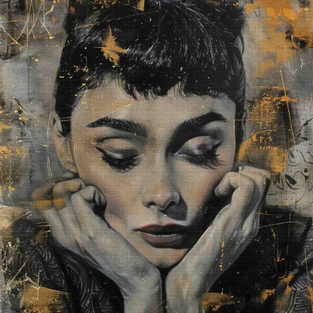 Dettaglio di stampa su tela moderna con ritratto di Audrey Hepburn, motivi lussuosi, colori oro argento e nero