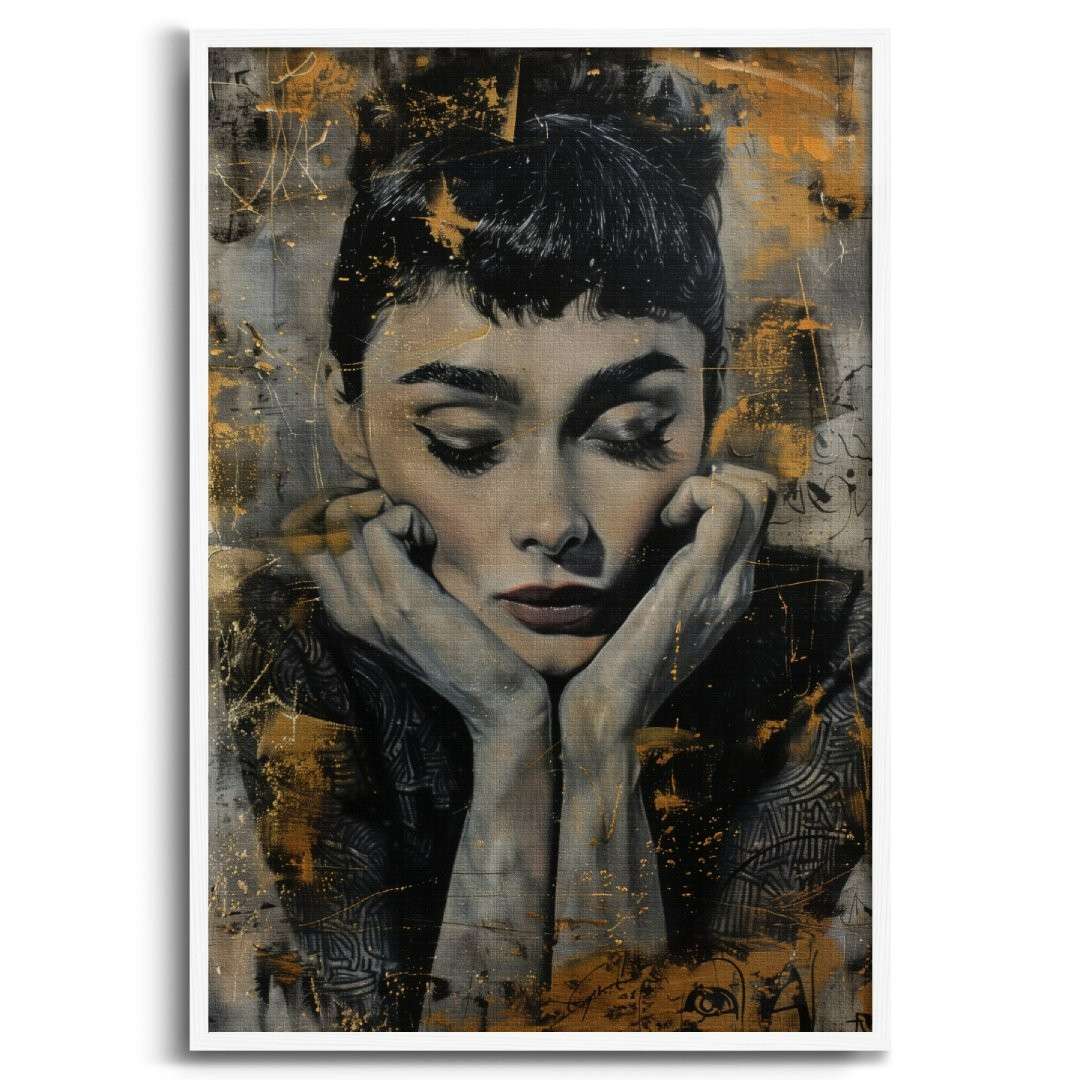 stampa su tela moderna con ritratto di Audrey Hepburn, motivi lussuosi, colori oro argento e nero, cornice e sfondo bianchi