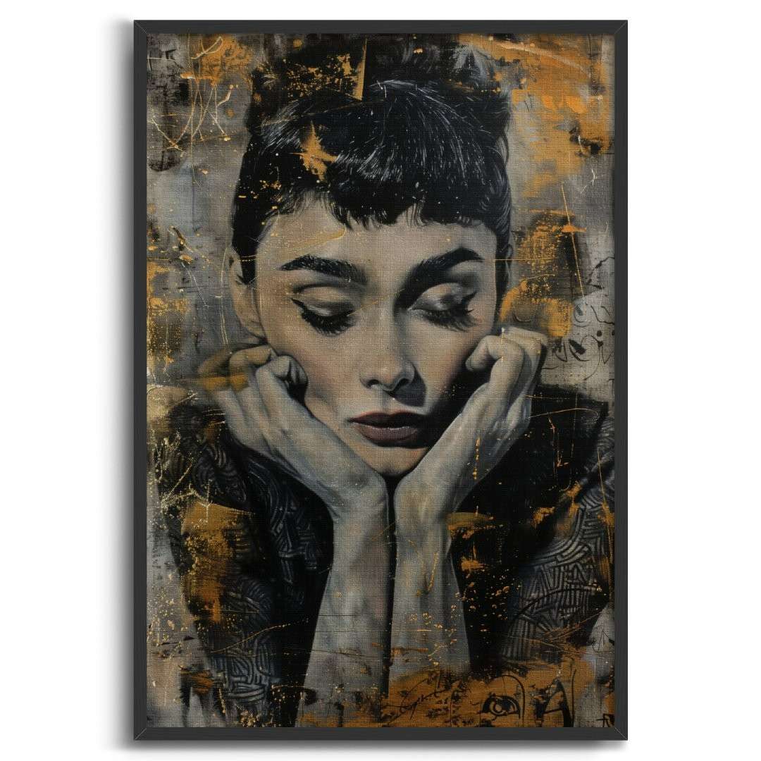 stampa su tela moderna con ritratto di Audrey Hepburn, motivi lussuosi, colori oro argento e nero, cornice nera e sfondo bianco