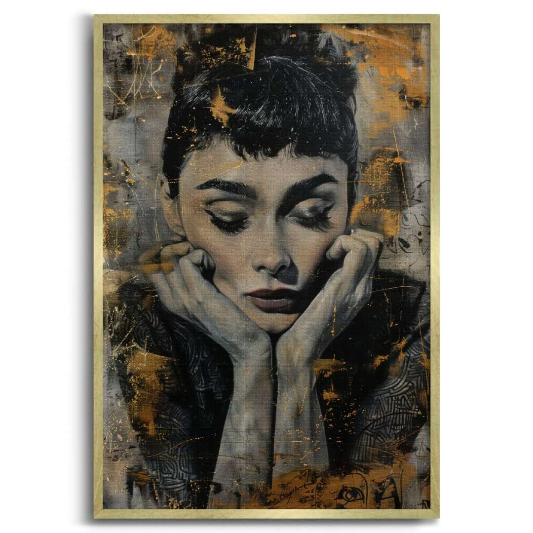 stampa su tela moderna con ritratto di Audrey Hepburn, motivi lussuosi, colori oro argento e nero, cornice oro e sfondo bianco