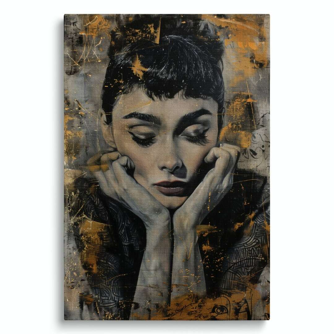 stampa su tela moderna con ritratto di Audrey Hepburn, motivi lussuosi, colori oro argento e nero, su sfondo bianco