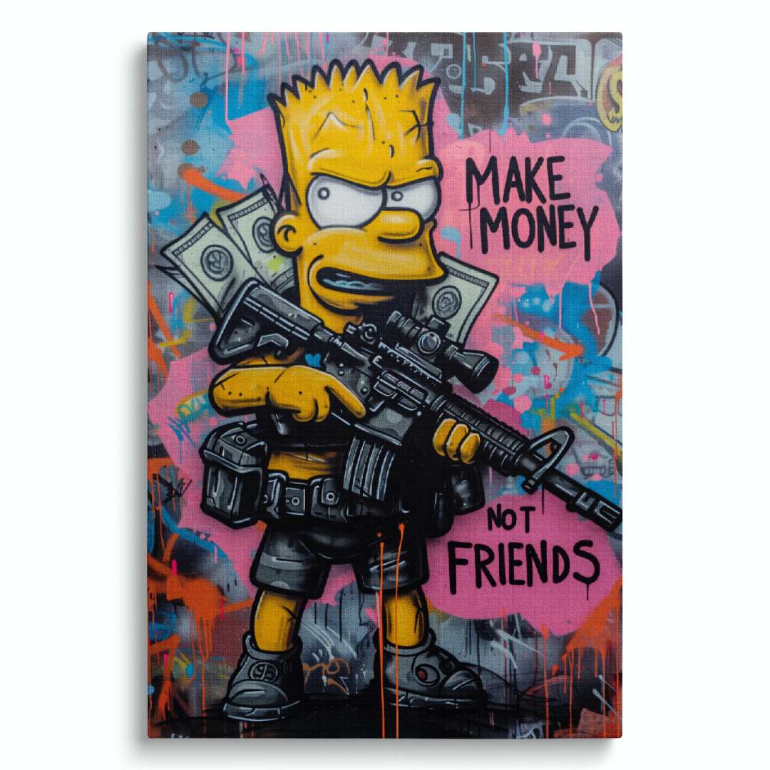 quadro moderno con bart simpson in stile street art con scritta 'make money not friends', su sfondo bianco