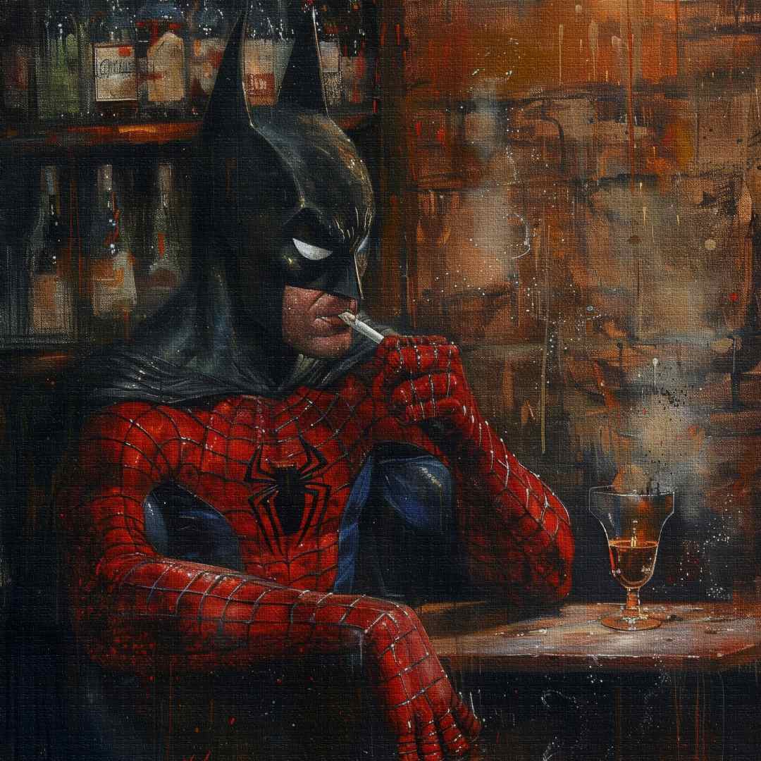 Dettaglio di stampa su tela moderna con batman e spiderman al bar che fumano pensierosi, atmosfera tetra