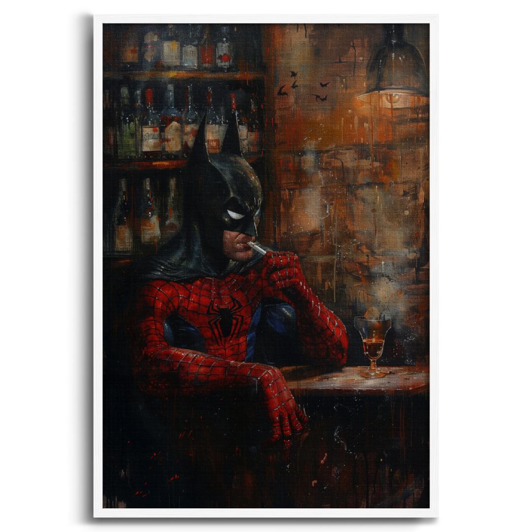 stampa su tela moderna con batman e spiderman al bar che fumano pensierosi, atmosfera tetra, con cornice bianca e sfondo bianco