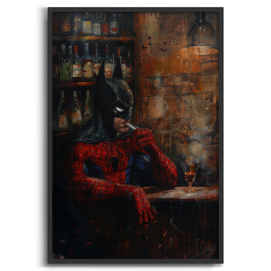 stampa su tela moderna con batman e spiderman al bar che fumano pensierosi, atmosfera tetra, con cornice nera e sfondo bianco