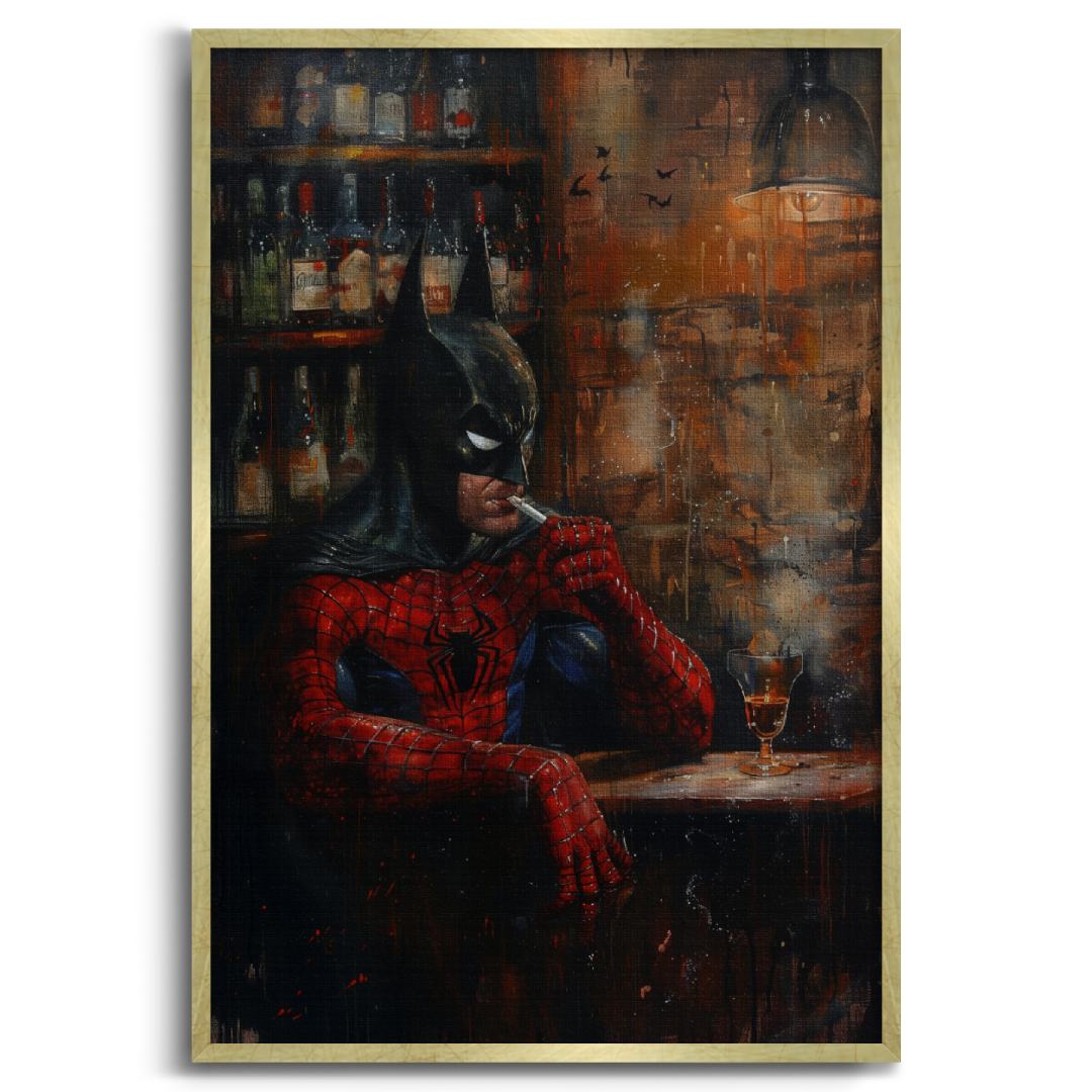 stampa su tela moderna con batman e spiderman al bar che fumano pensierosi, atmosfera tetra, con cornice oro e sfondo bianco