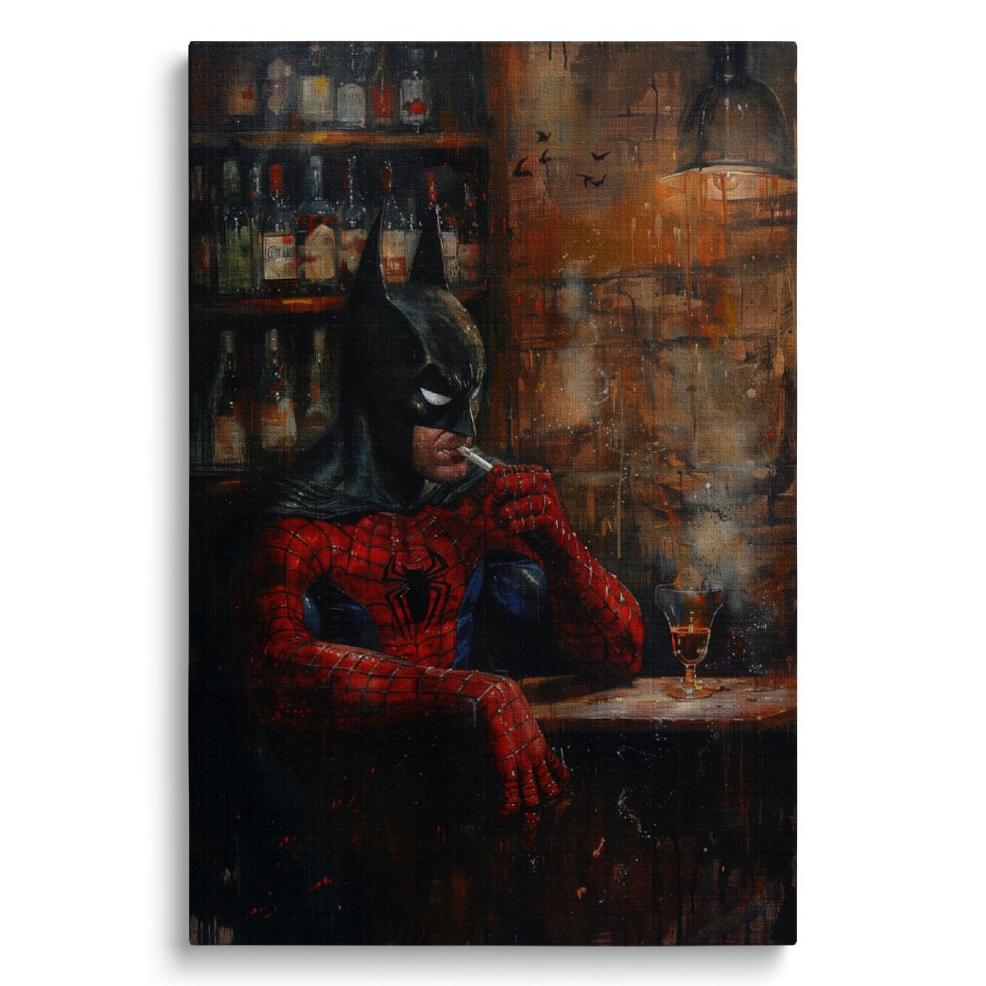 stampa su tela moderna con batman e spiderman al bar che fumano pensierosi, atmosfera tetra, su sfondo bianco