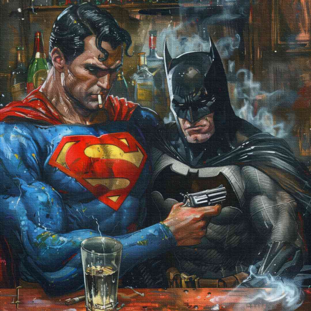 Dettaglio di stampa su tela pop art con superman e batman ad un bar che fumano con delle pistole in mano