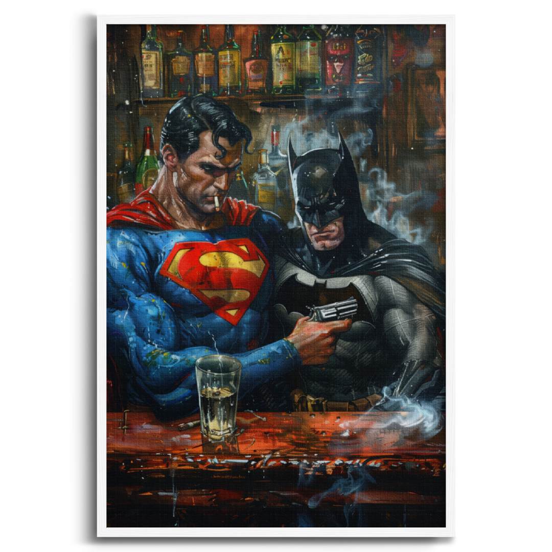 stampa su tela pop art con superman e batman ad un bar che fumano con delle pistole in mano, con cornice bianca e sfondo bianco