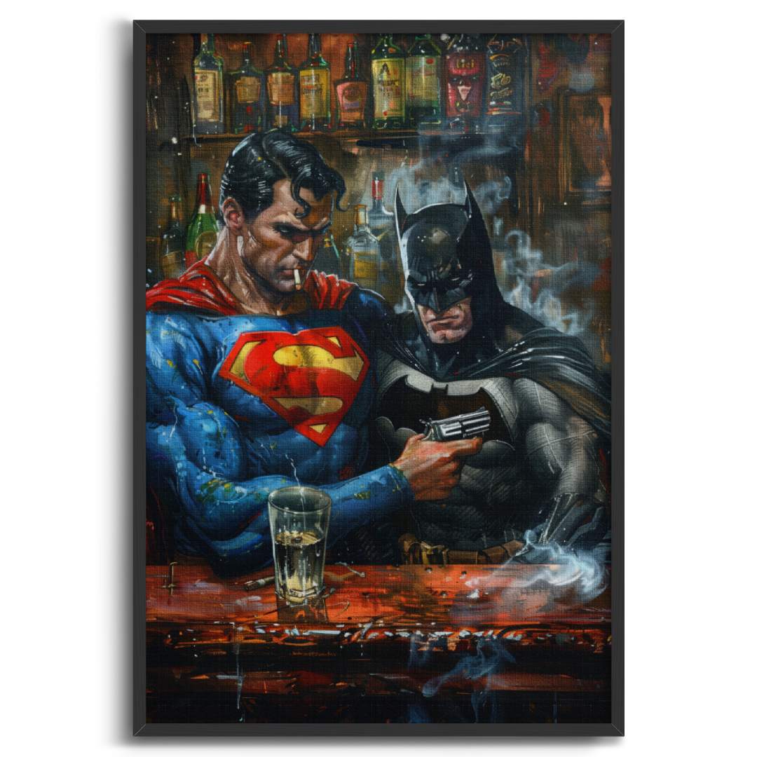 stampa su tela pop art con superman e batman ad un bar che fumano con delle pistole in mano, con cornice nera e sfondo bianco