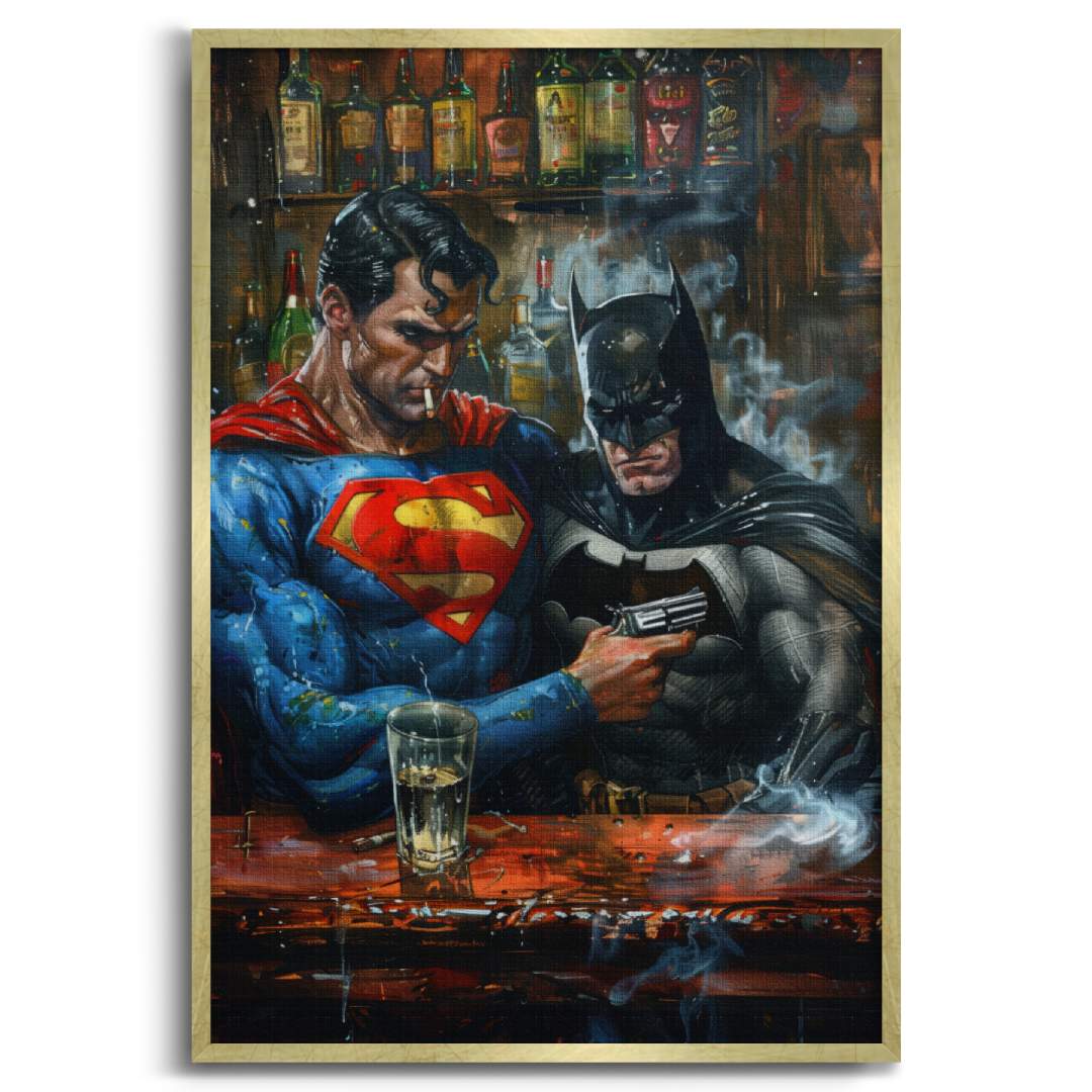 stampa su tela pop art con superman e batman ad un bar che fumano con delle pistole in mano, con cornice oro e sfondo bianco