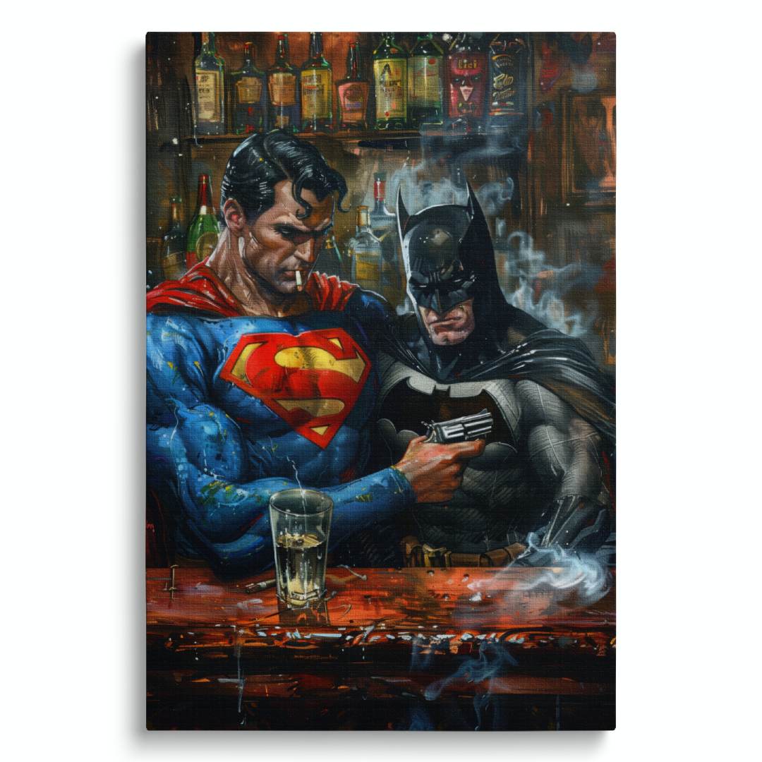 stampa su tela pop art con superman e batman ad un bar che fumano con delle pistole in mano, su sfondo bianco