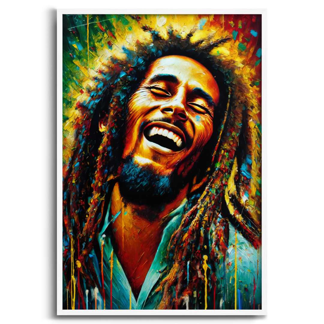 stampa su tela moderna bob marley colorato gioioso, su sfondo bianco cornice bianca