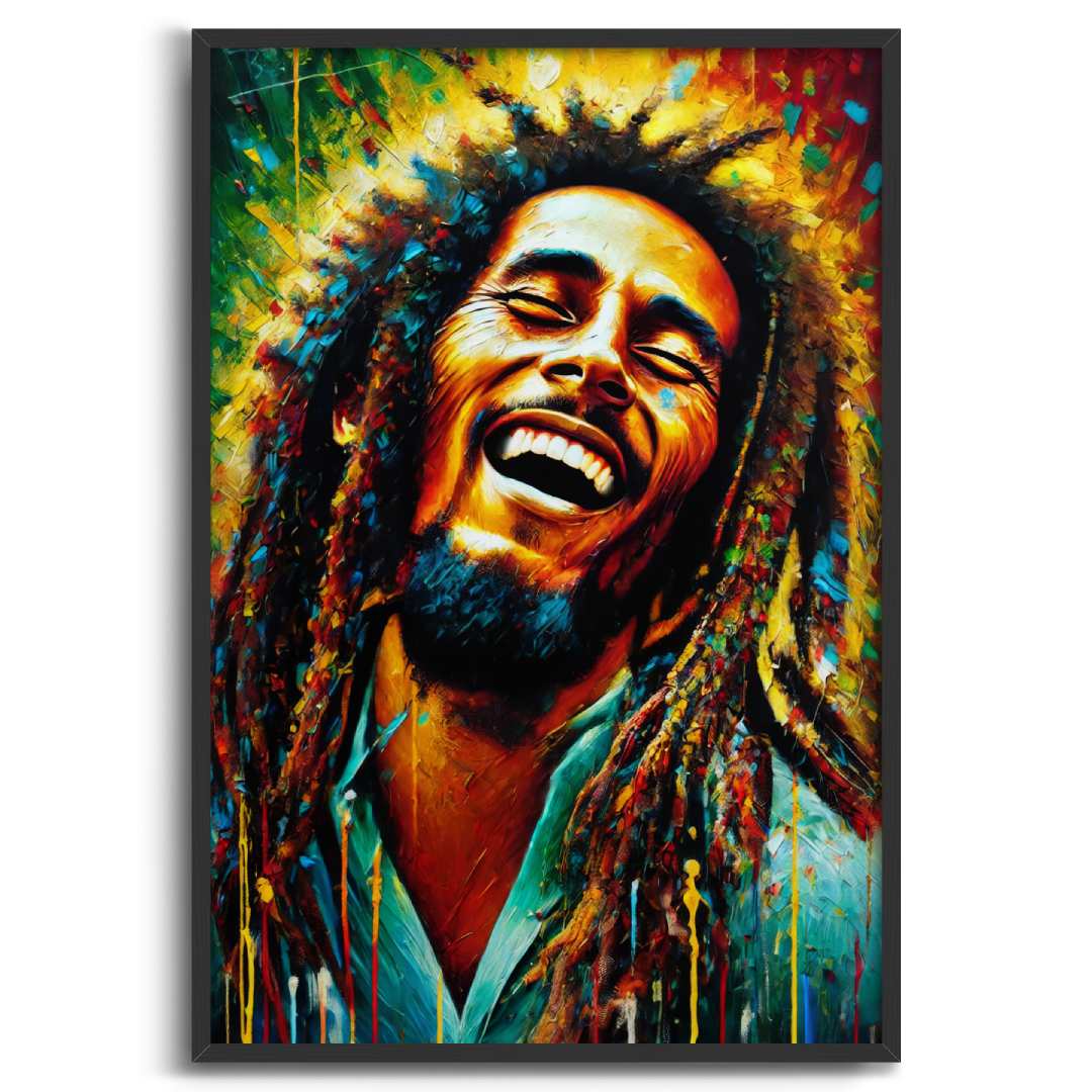 stampa su tela moderna bob marley colorato gioioso, su sfondo bianco cornice nera