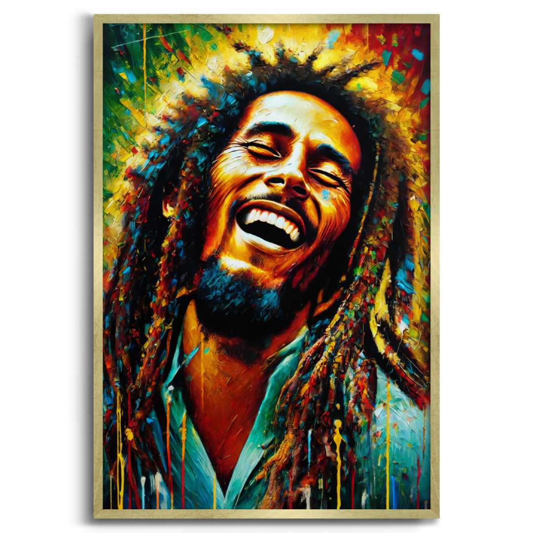 stampa su tela moderna bob marley colorato gioioso, su sfondo bianco cornice oro