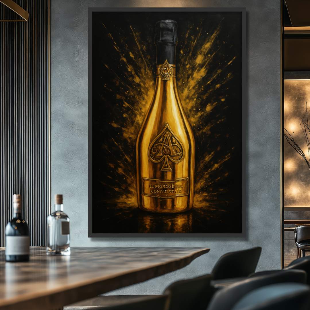 quadro moderno bottiglia champagne armand brignac oro nera appesa bar ristorante