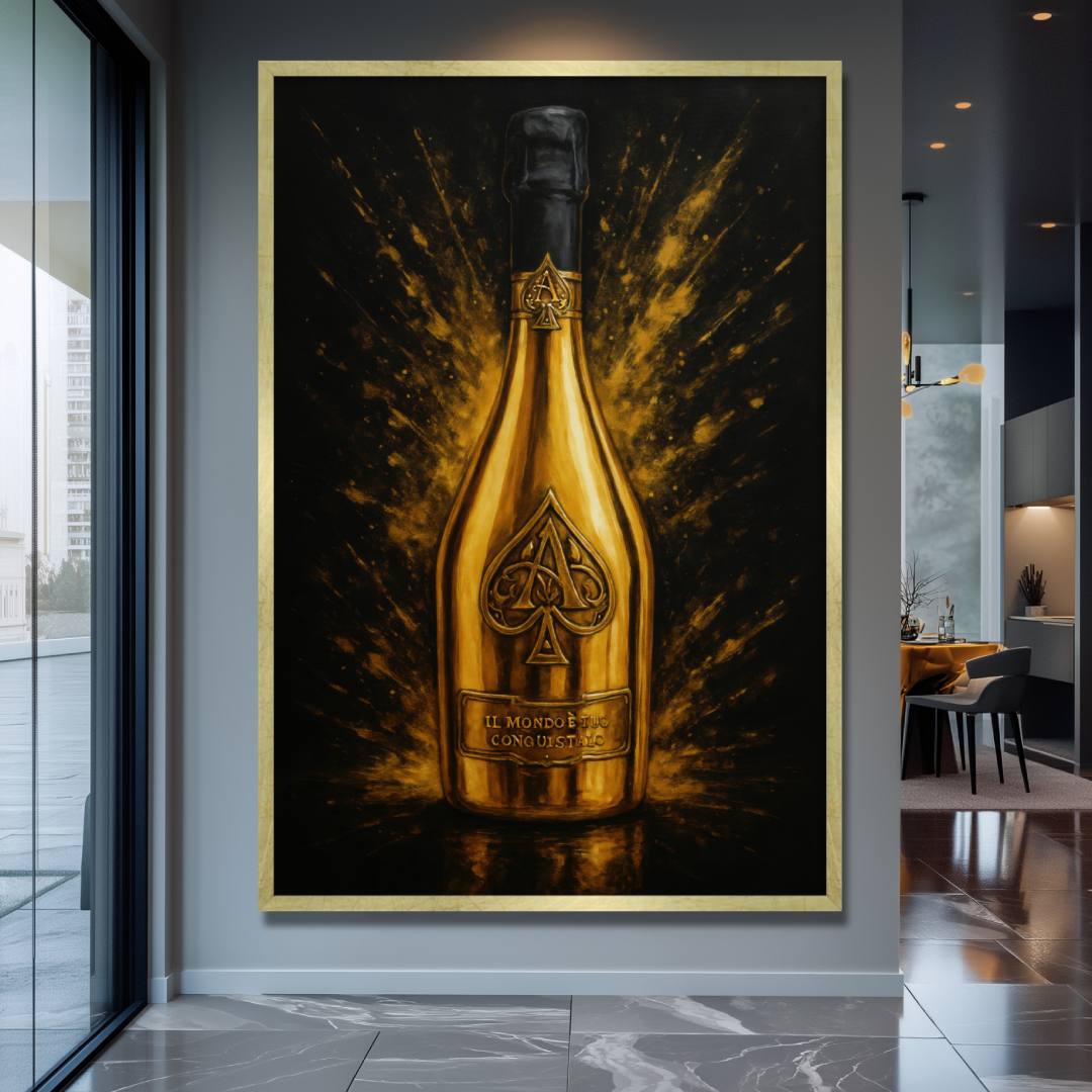 quadro moderno bottiglia champagne armand brignac oro nera appesa salotto