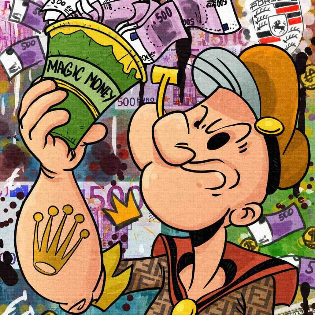 Dettaglio di stampa su tela pop art di braccio di ferro in abito Fendi, motivi lussuosi e banconote da 500€ sparse