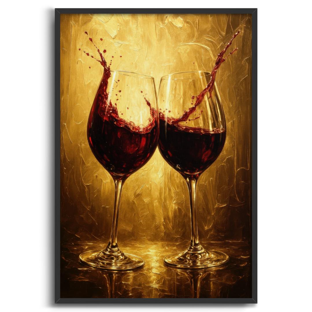 quadro moderno appeso salotto due calici di vino rosso che si toccano schizzi di vino  con cornice nera
