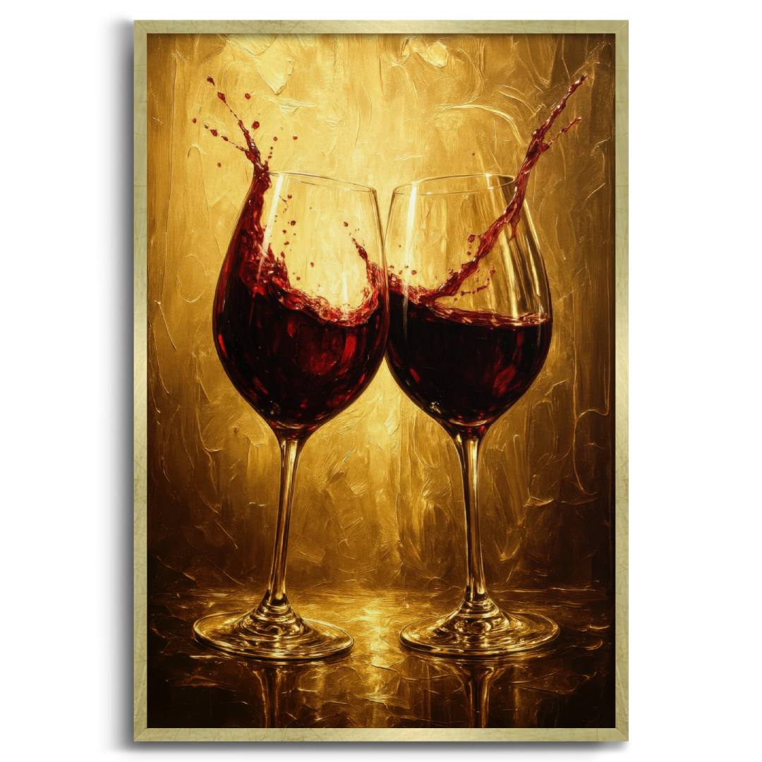 quadro moderno appeso salotto due calici di vino rosso che si toccano schizzi di vino  con cornice oro