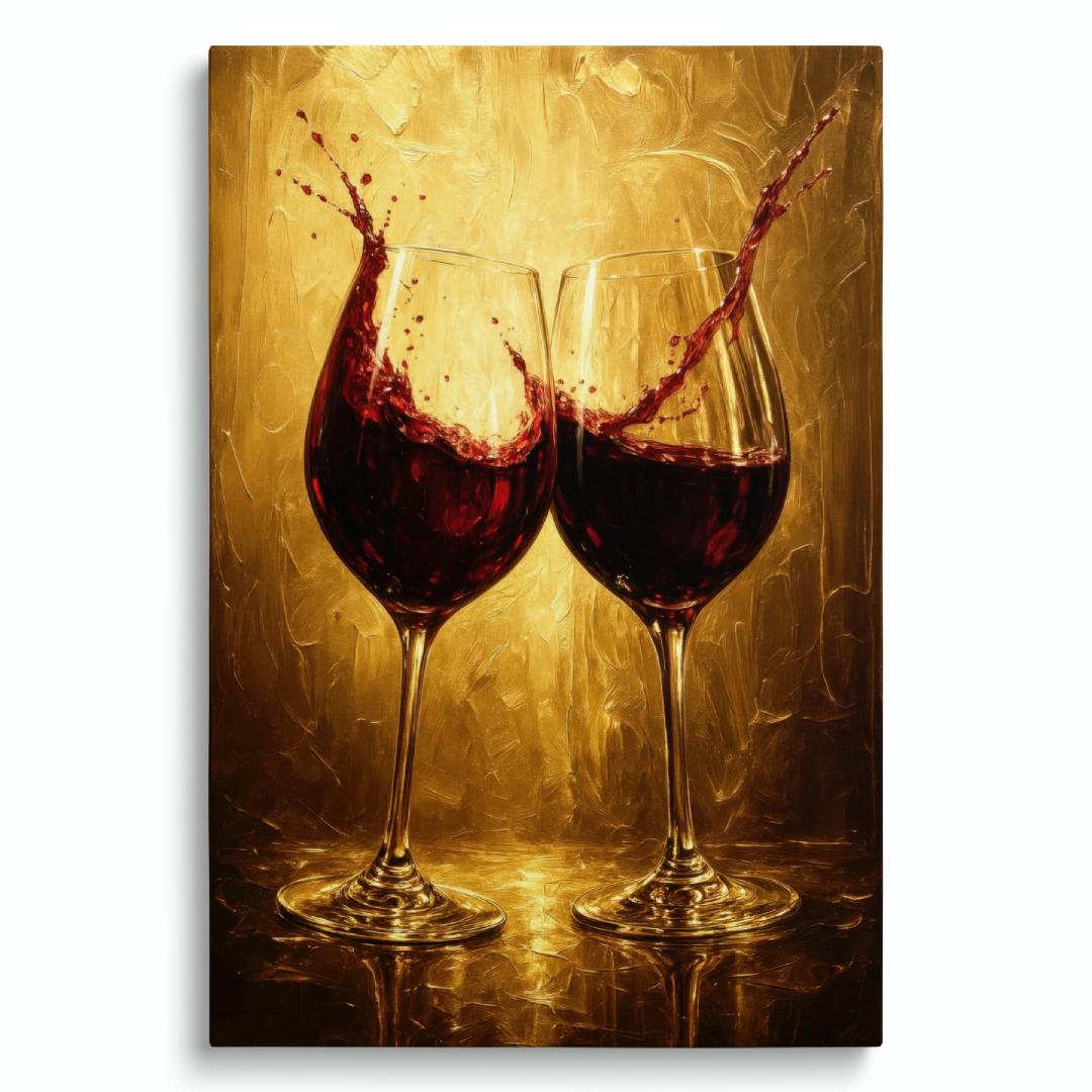 quadro moderno due calici di vino rosso che si toccano schizzi di vino  su sfondo oro