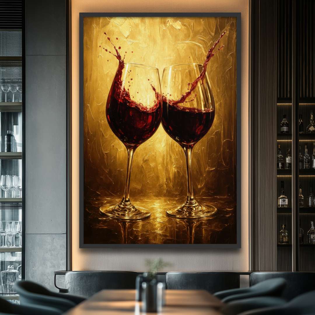 quadro moderno calici vino rosso cin cin sfondo oro lusso appeso ristorante bar
