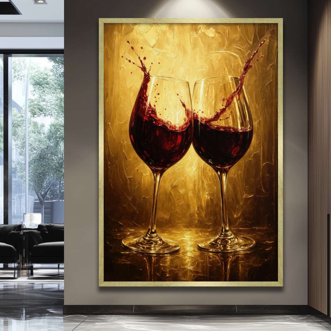 quadro moderno calici vino rosso cin cin sfondo oro lusso appeso soggiorno casa