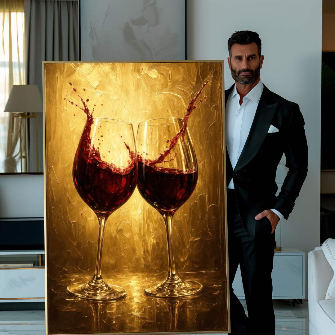 quadro moderno calici vino rosso cin cin sfondo oro lusso mostrato uomo