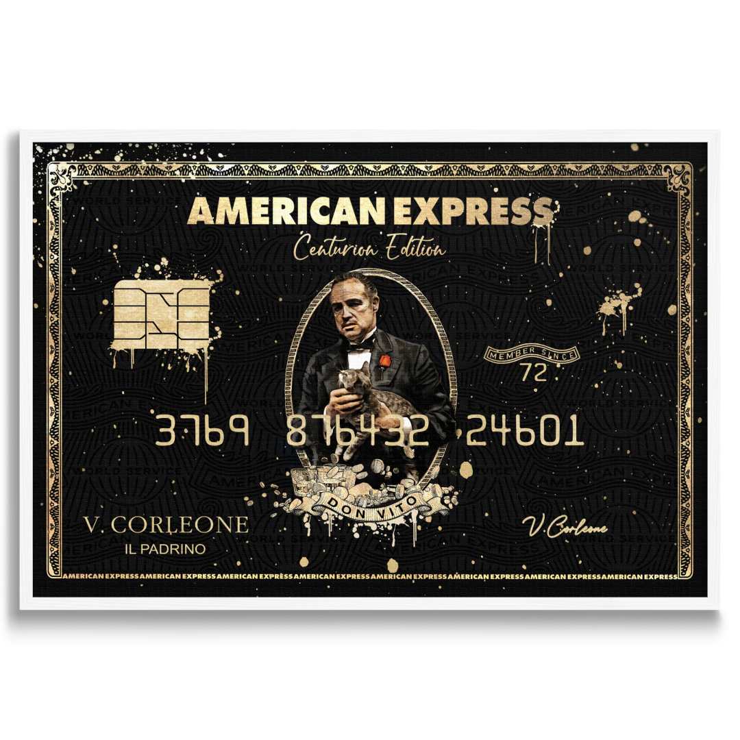 Stampa su tela moderna di un amex con all'interno il padrino, su sfondo bianco con cornice bianca