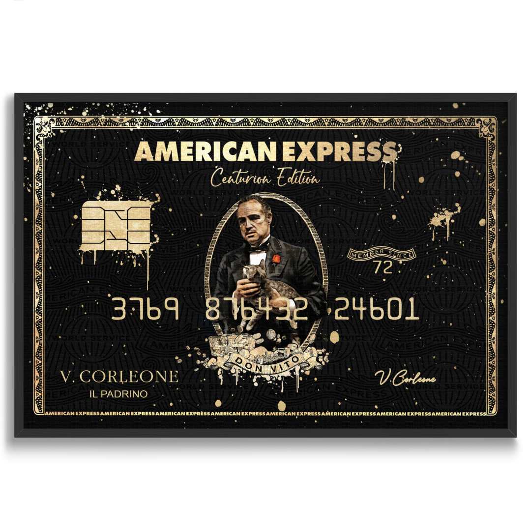 Stampa su tela moderna di un amex con all'interno il padrino, su sfondo bianco con cornice nera