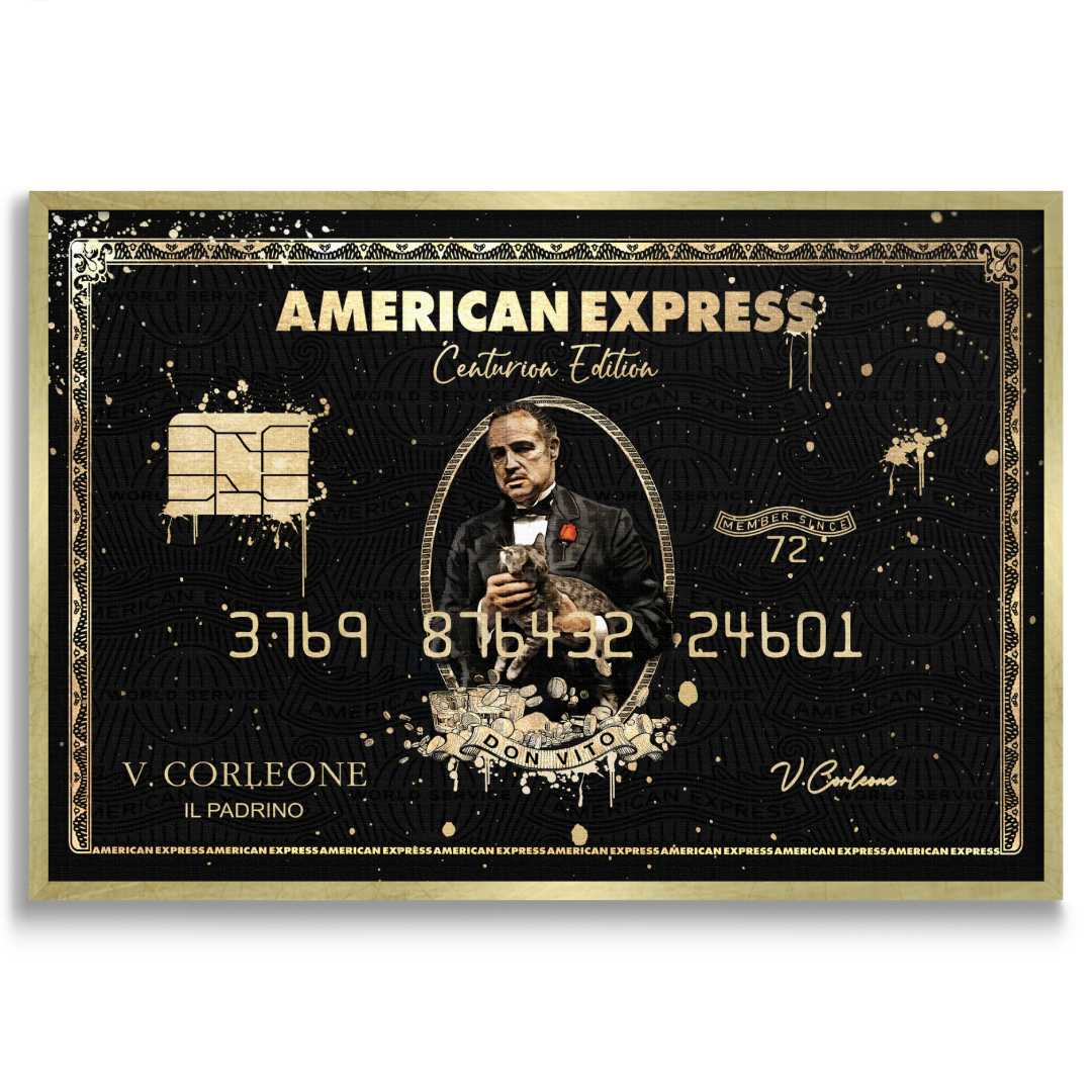 Stampa su tela moderna di un amex con all'interno il padrino, su sfondo bianco con cornice oro