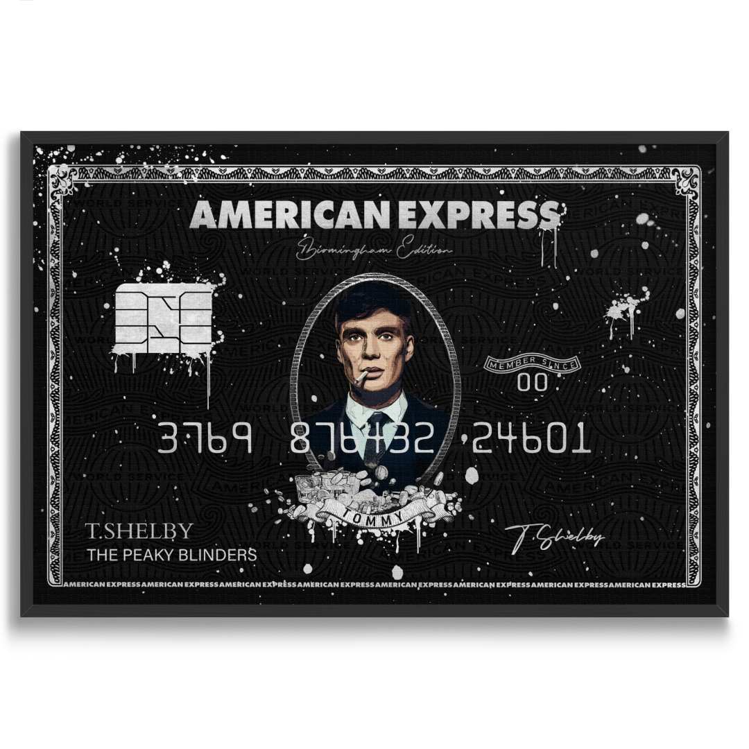 Stampa su pop art tela Amex Centurion con Cillian Murphy come Tommy Shelby, Peaky Blinders, cornice nera, sfondo bianco.