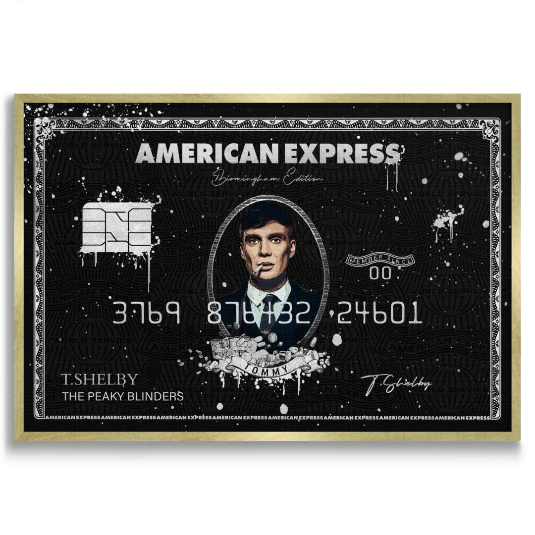 Stampa su pop art tela Amex Centurion con Cillian Murphy come Tommy Shelby, Peaky Blinders, cornice oro, sfondo bianco.