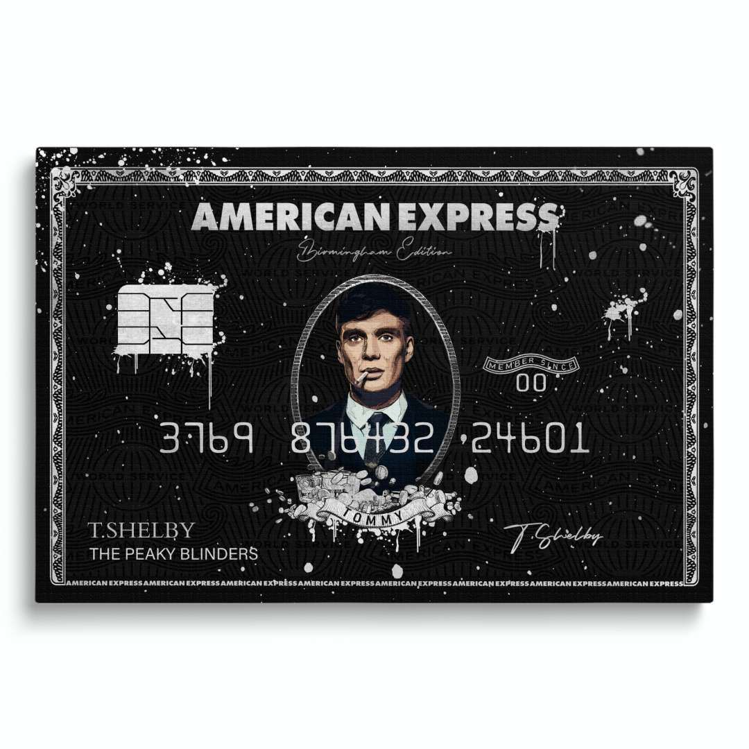 Stampa su tela pop art di carta Amex Centurion con Cillian Murphy come Tommy Shelby di Peaky Blinders, su sfondo bianco